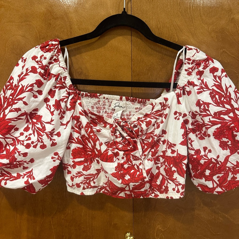 Japna Red and White Floral Puff Sleeve Blouse crop top